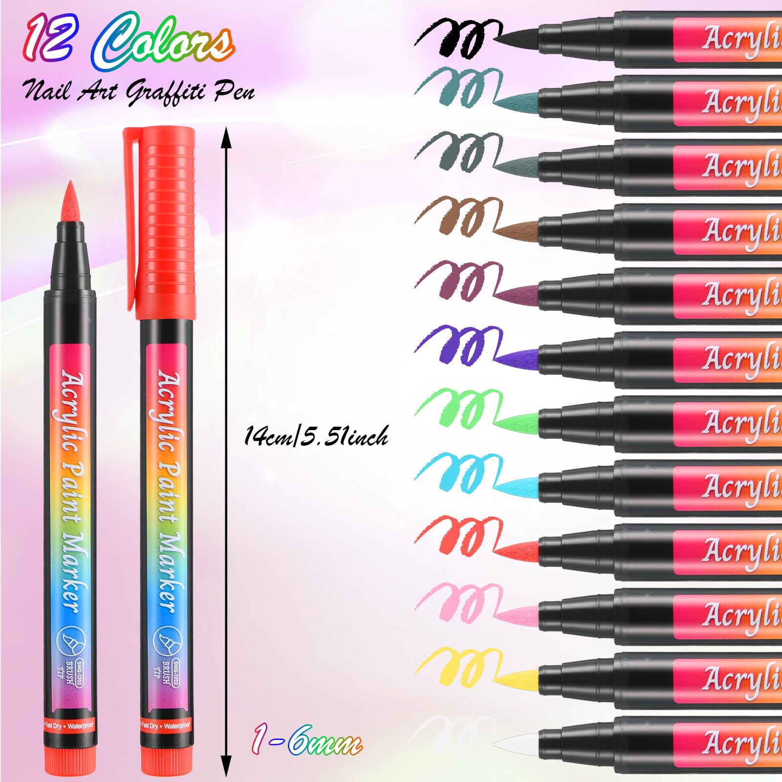 12 Colors Nail Art Pens Set - Waterproof Quick Dry Acrylic Nail Polish Pens with Soft Bristle Tips for Professional Nail Design, Dotting, Drawing & Liner Brush | Perfect for Home Manicures, Salon Nail Art & DIY Beauty Projects