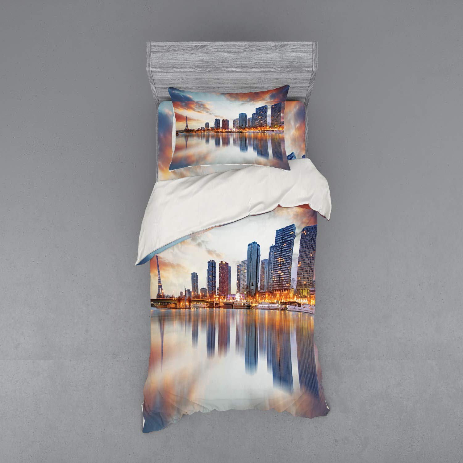 Ambesonne Paris Cityscape Bedding Set - 3 Piece Duvet Cover with Eiffel Tower Silhouette & Water Reflection Design, Twin Size Multicolor - Perfect for Paris-Themed Bedrooms & Travel Lovers