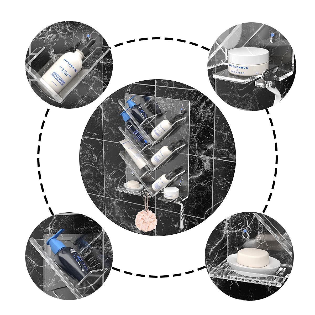 AITEE Clear Acrylic Shower Caddy Organizer - Wall Mounted Bathroom Storage Shelf for Shampoo, Soap & Toiletries - No Drilling Rustproof Shower Organizer - Perfect for Small Bathrooms, Apartments & Dorm Rooms