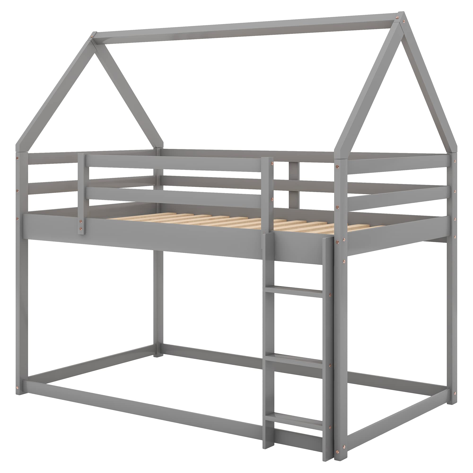 Wooden House Bunk Bed Twin Over Twin with Ladder - Kids Bunk Bed Frame for Boys & Girls, Toddler to Teens - Grey | Space-Saving Loft Bed for Small Bedrooms & Shared Kids Rooms