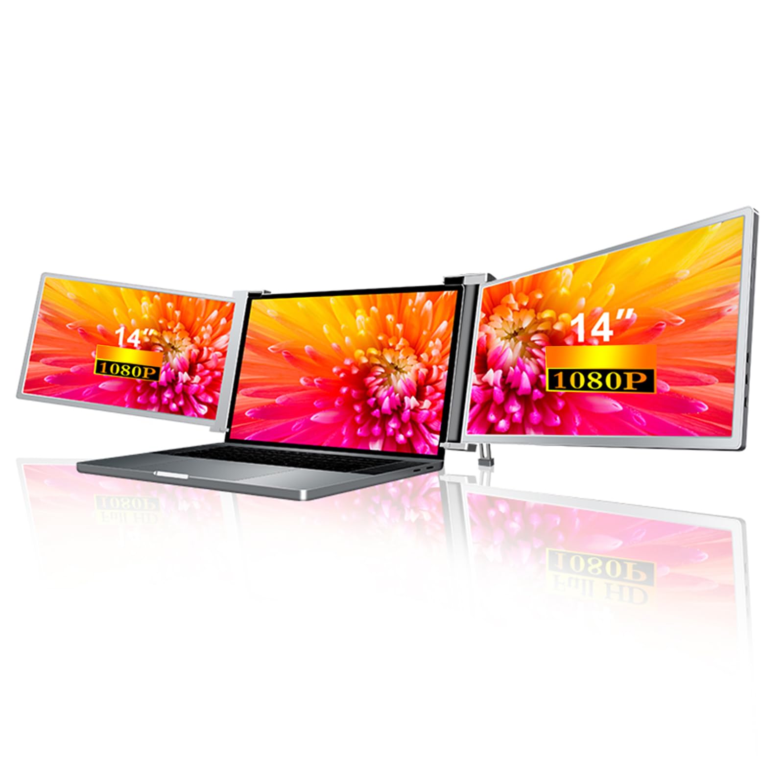 QOCAN 14 Inch Triple Portable Monitor for Laptop - 1920x1080 FHD Resolution, Plug & Play USB-C, Compatible with 14-17.3 Inch Laptops - Perfect for Work, Gaming & Multitasking