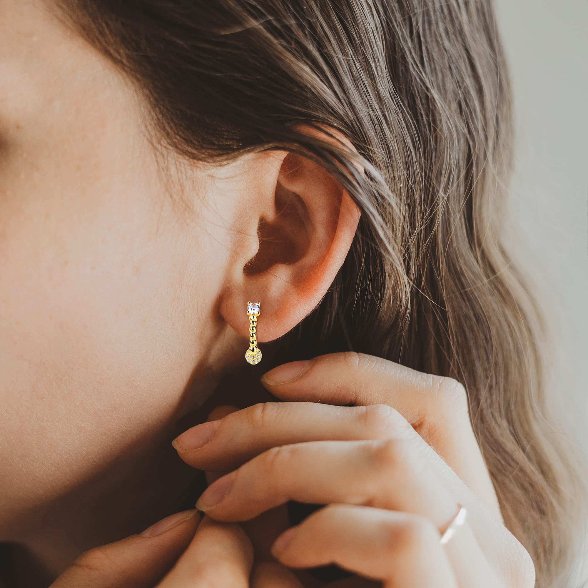 14K Gold Plated CZ Huggie Hoop Earrings for Women - 925 Sterling Silver Beaded Hoops with White Gold Finish | Perfect for Everyday Wear, Date Nights & Gifts