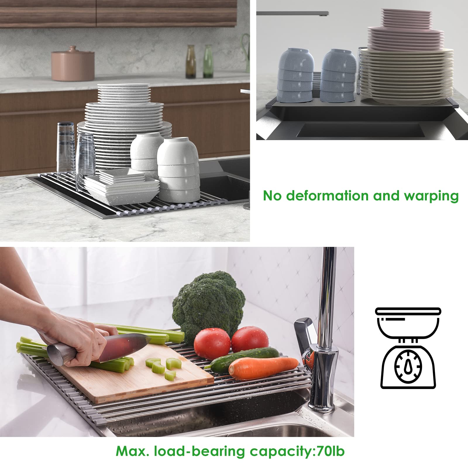 Tomorotec Stainless Steel Roll Up Dish Drying Rack - Over The Sink Portable Kitchen Organizer with Drainer, Storage Shelf & Caddy - Space Saving Gray Dish Rack for Small Kitchens, Apartments & RVs