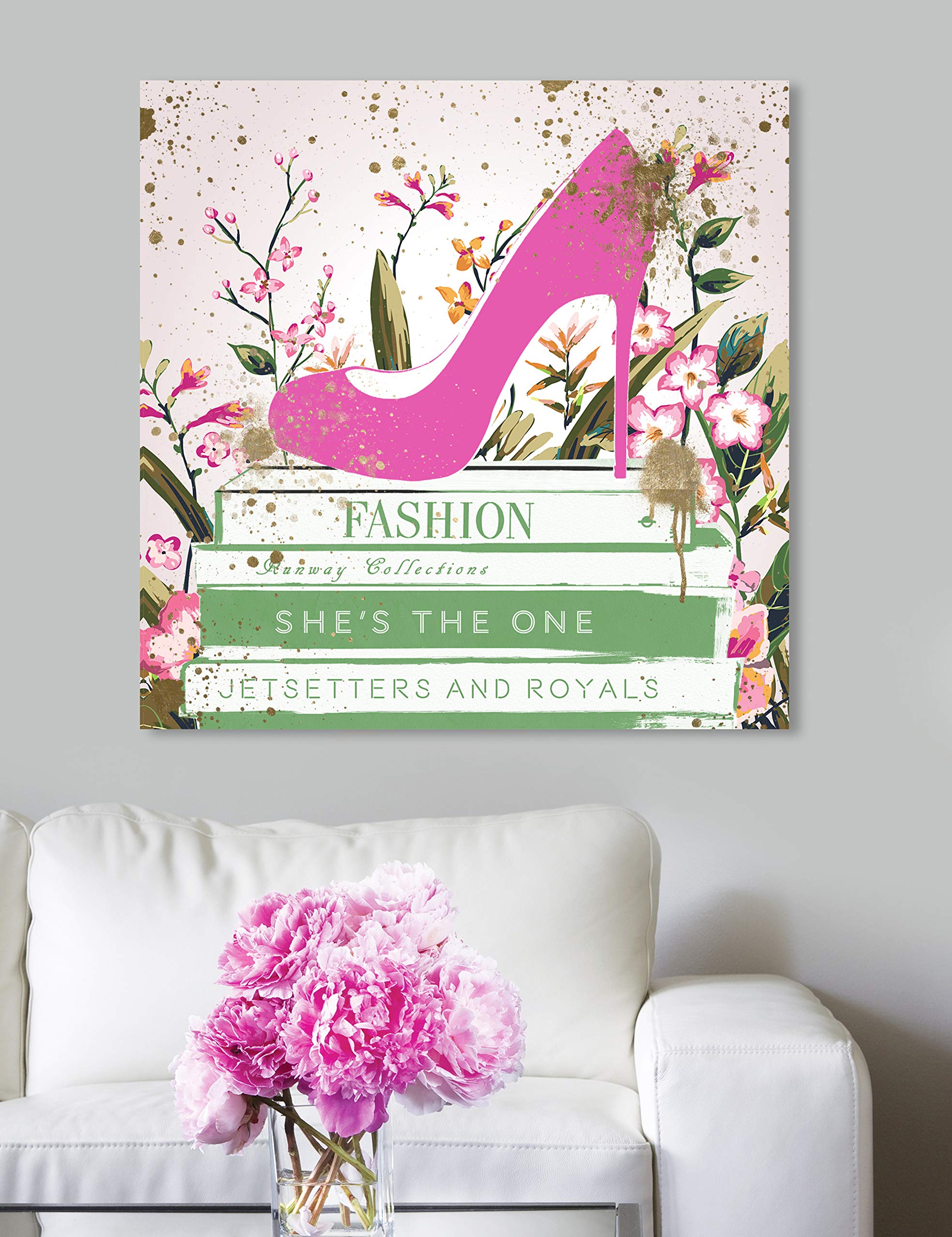 Oliver Gal Artist Co. Fashion & Glam Wall Art Canvas Print - 'Shoes and Books Spring' Home Decor 12x12 Inches - Green & Pink Abstract Painting for Living Room, Bedroom, Office Decor