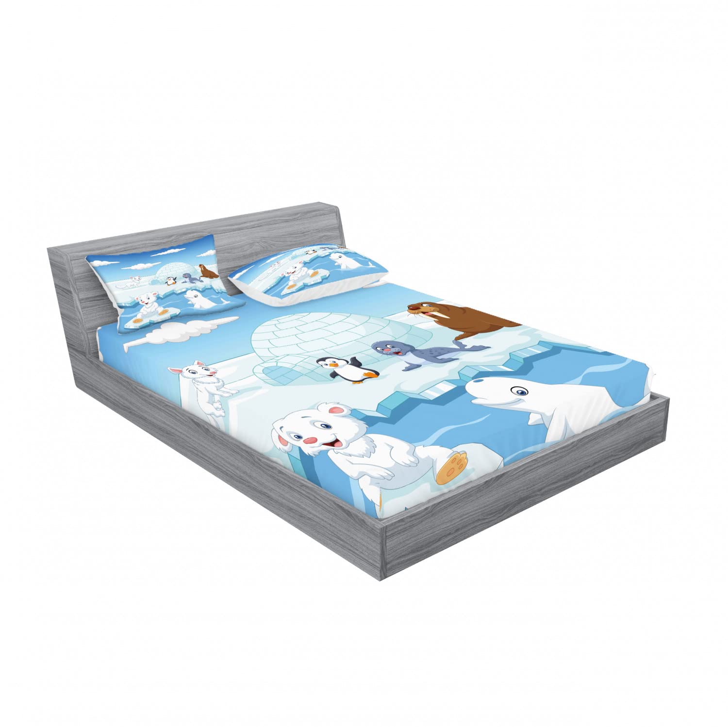 Ambesonne 4-Piece Polar Bear & Penguin Queen Size Bedding Set - 2 Fitted Sheets & 2 Pillow Shams, Sky Blue & White Arctic Animal Print - Perfect for Kids' Rooms, Guest Bedrooms & Winter Themed Decor