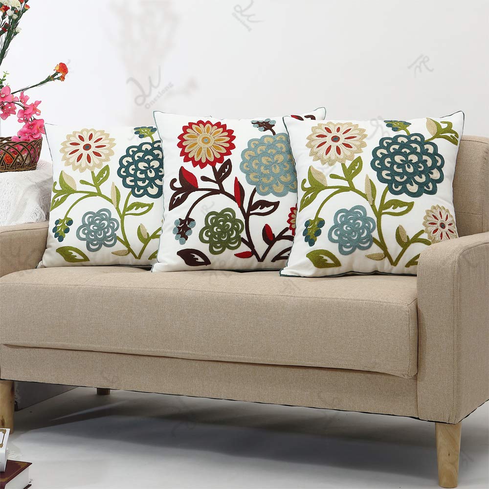 18x18 Inch Floral Embroidery Throw Pillow Covers Set of 2 - Decorative Couch Pillow Cases for Sofa, Bed, Living Room & Patio | Perfect for Home Decor, Cozy Reading Nook & Outdoor Relaxation