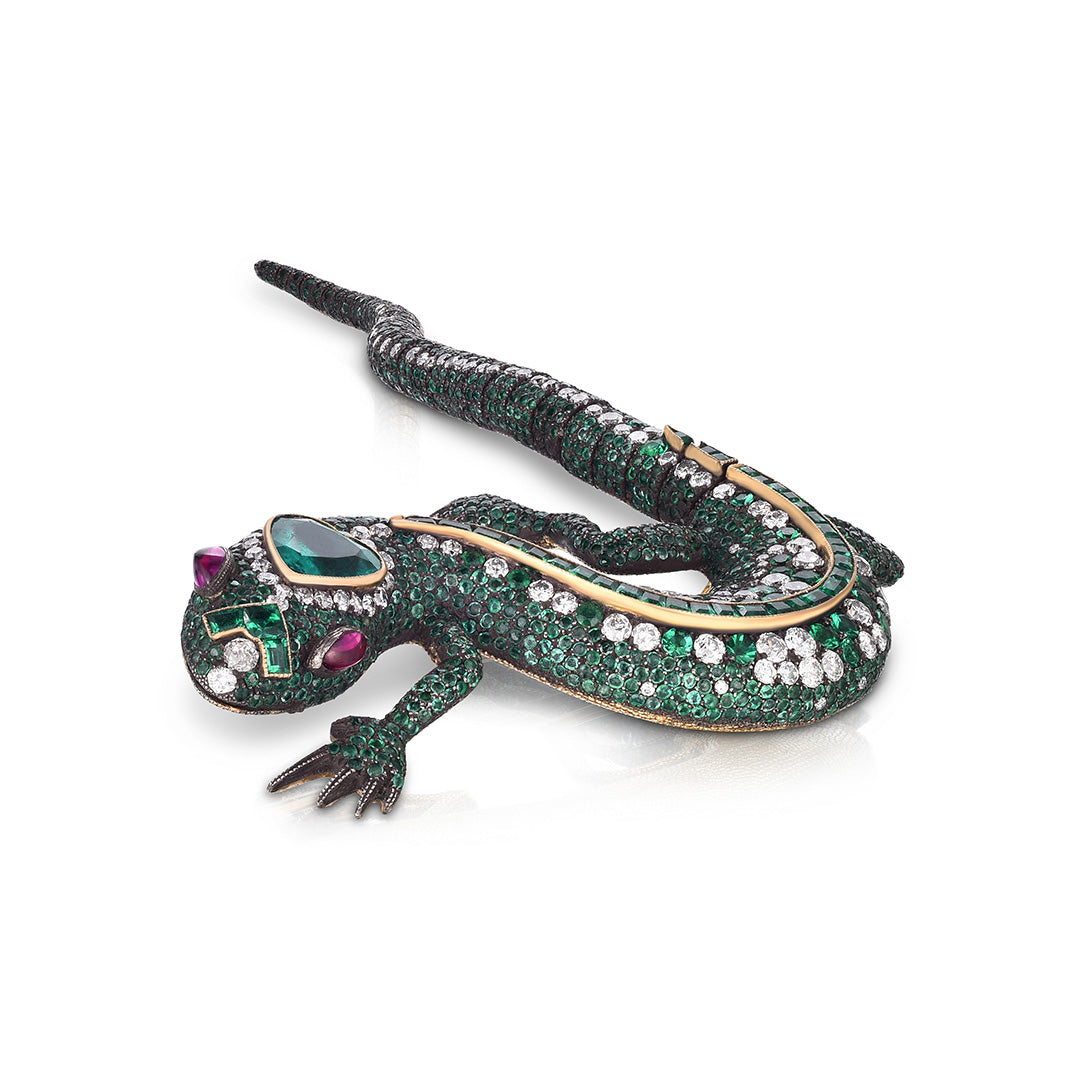 Exquisite Emerald, Diamond & Ruby Lizard Brooch Pin - Vintage Jewelry for Women, Elegant Gift for Her - Perfect for Weddings, Parties & Special Occasions