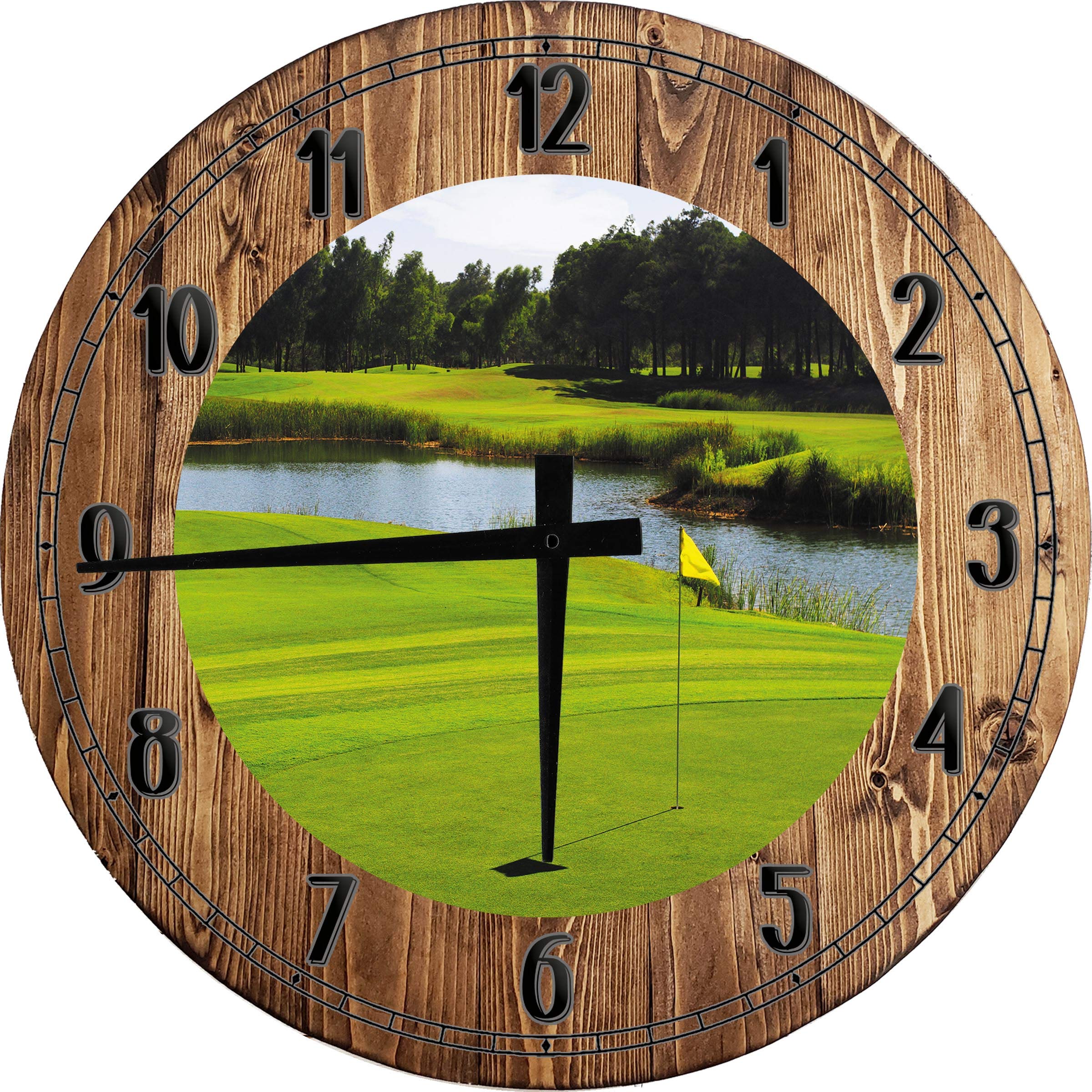 12 Inch Large Round Wood Wall Clock - Golf Course Greens & Water Hazard Hole in One Decor - Perfect for Golf Lovers, Man Cave, Sports Bar, or Office Wall Art