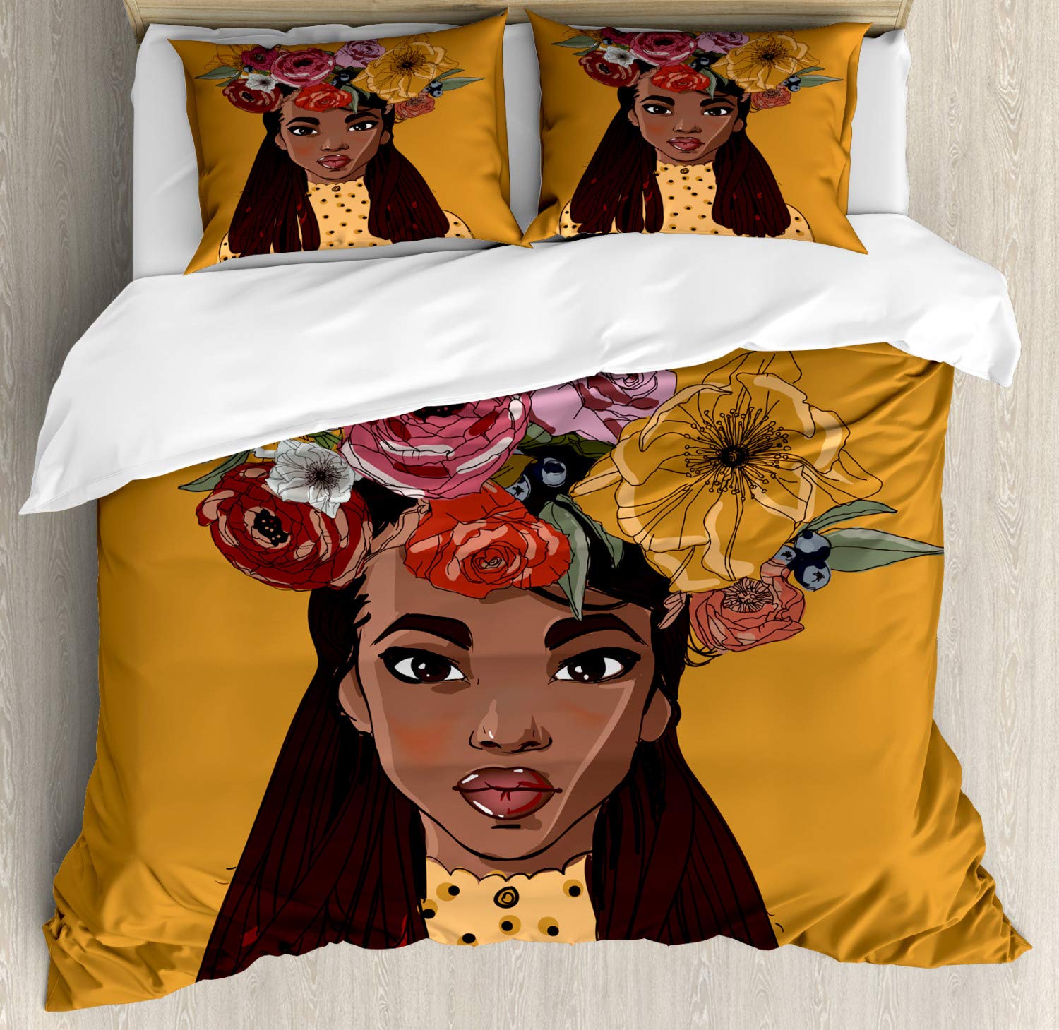 Ambesonne Floral Duvet Cover Set - Queen Size 3-Piece Bedding with 2 Pillow Shams | Bohemian Style Marigold Multicolor Print | Perfect for Spring Bedroom Decor, Guest Room & Boho Chic Home Styling