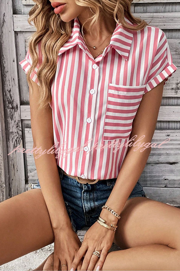 Men's Striped Print Short Sleeve Pocket Shirt - Casual Summer Button Down Top for Beach, Office & Outdoor Activities