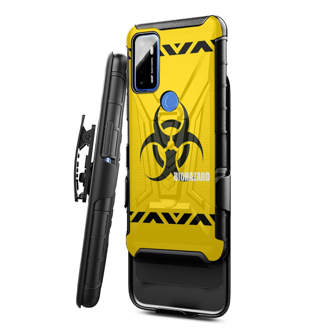 Military Shockproof Phone Case for Cricket Dream 5G & AT&T Radiant Max 5G - Heavy Duty Kickstand Holster with Belt Clip | Yellow Biohazard Design | Perfect for Outdoor Work, Construction & Extreme Sports Protection