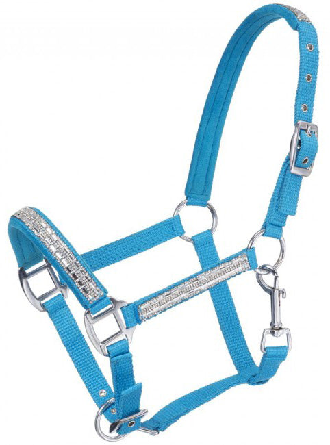 Adjustable Nylon Miniature Horse Halter with Crystal Accents - Turquoise Blue - Perfect for Show Ponies, Dressage & Equestrian Events