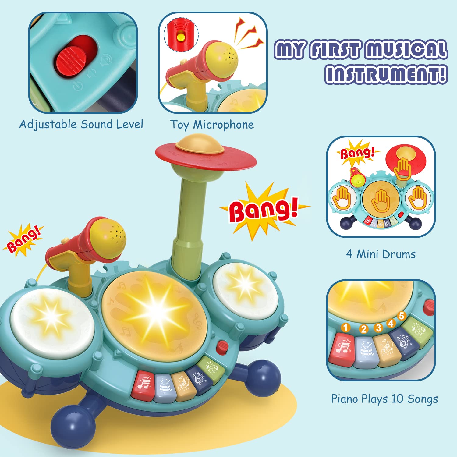 TOY Life 5-in-1 Musical Instrument Set for Toddlers 1-3 Years - Baby Drum Set, Keyboard & Microphone - Educational Toys for Boys & Girls - Perfect for Birthday Gifts & Early Childhood Music Development