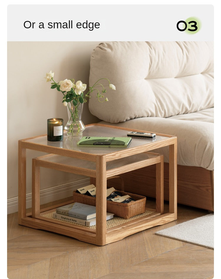 Solid Oak Wood Coffee Table with Glass Top and Rattan Shelf - Perfect for Living Room, Patio, or Outdoor Furniture Decor