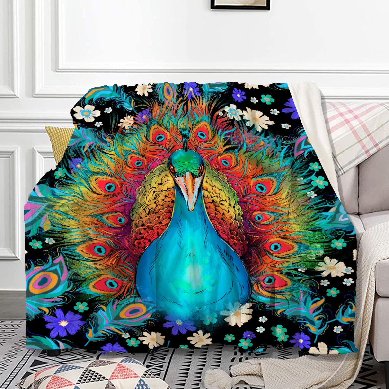 Fantasy Peacock Throw Blanket - Ultra Soft Flannel Fleece Blanket for Couch, Bed & Camping - Oversized 120x90 Inches Cozy Luxury Blanket for Women, Men, Kids - Perfect Gift for Family, Home Decor & Outdoor Adventures