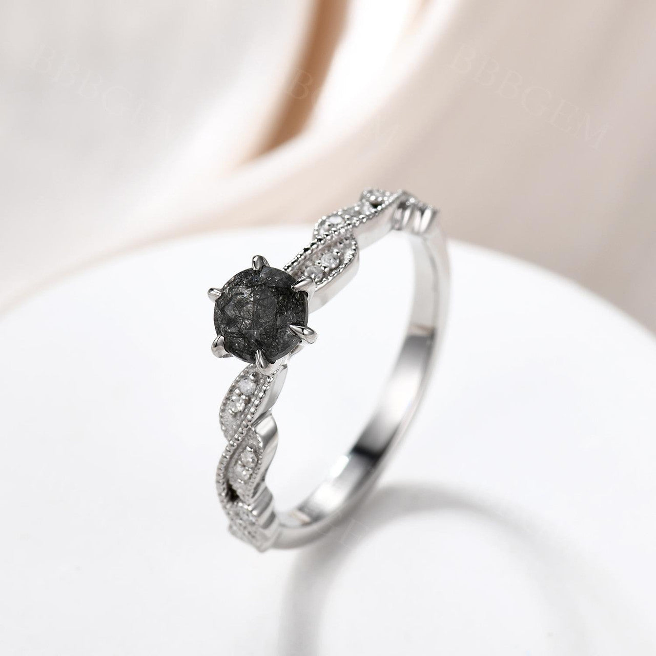Natural Black Rutilated Quartz Engagement Ring with Diamond Accents - Elegant Wedding Band for Women, Perfect for Proposals, Anniversaries & Special Occasions