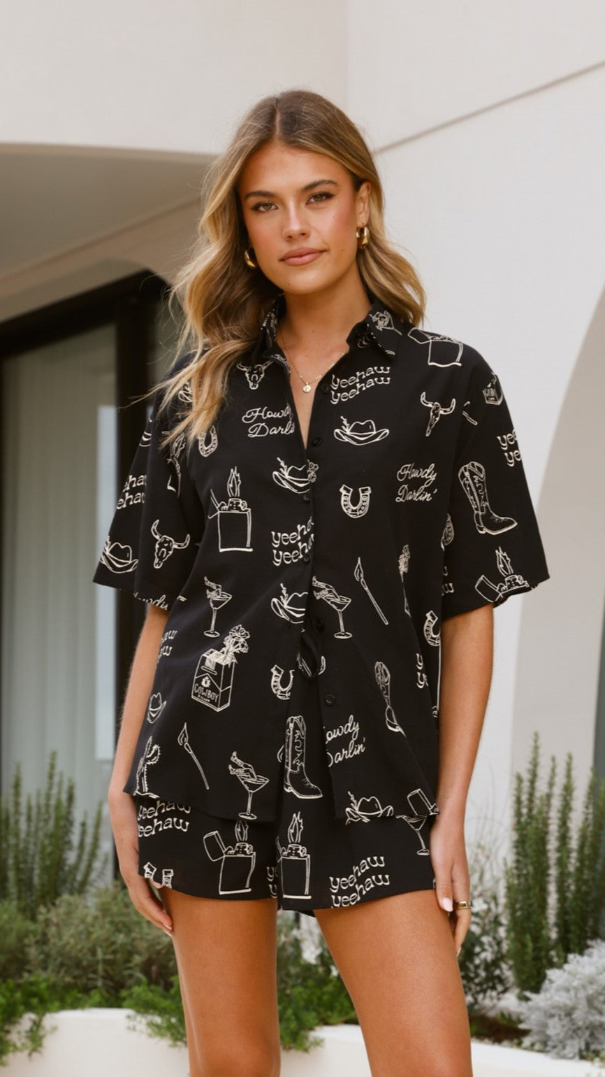 Charli Western Cowboy Print Button Up Shirt and Shorts Set - Black/Beige Outfit for Women | Perfect for Country Music Festivals, Rodeo Events & Western Style Fashion