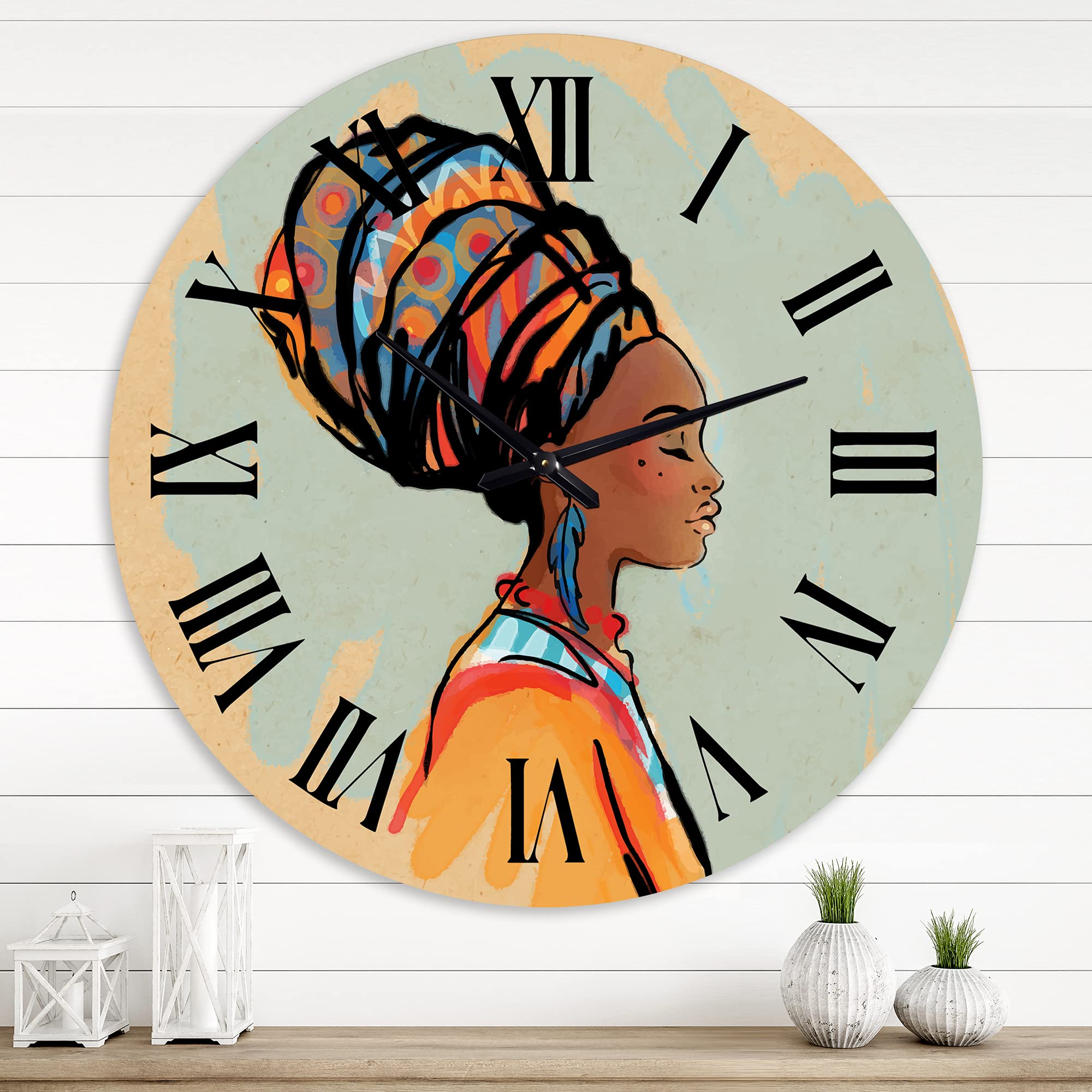 Modern Large Wall Clock - Portrait of African American Woman with Turban III - Elegant Home Decor for Living Room, Bedroom & Office - Silent Non-Ticking Battery Operated Wall Art