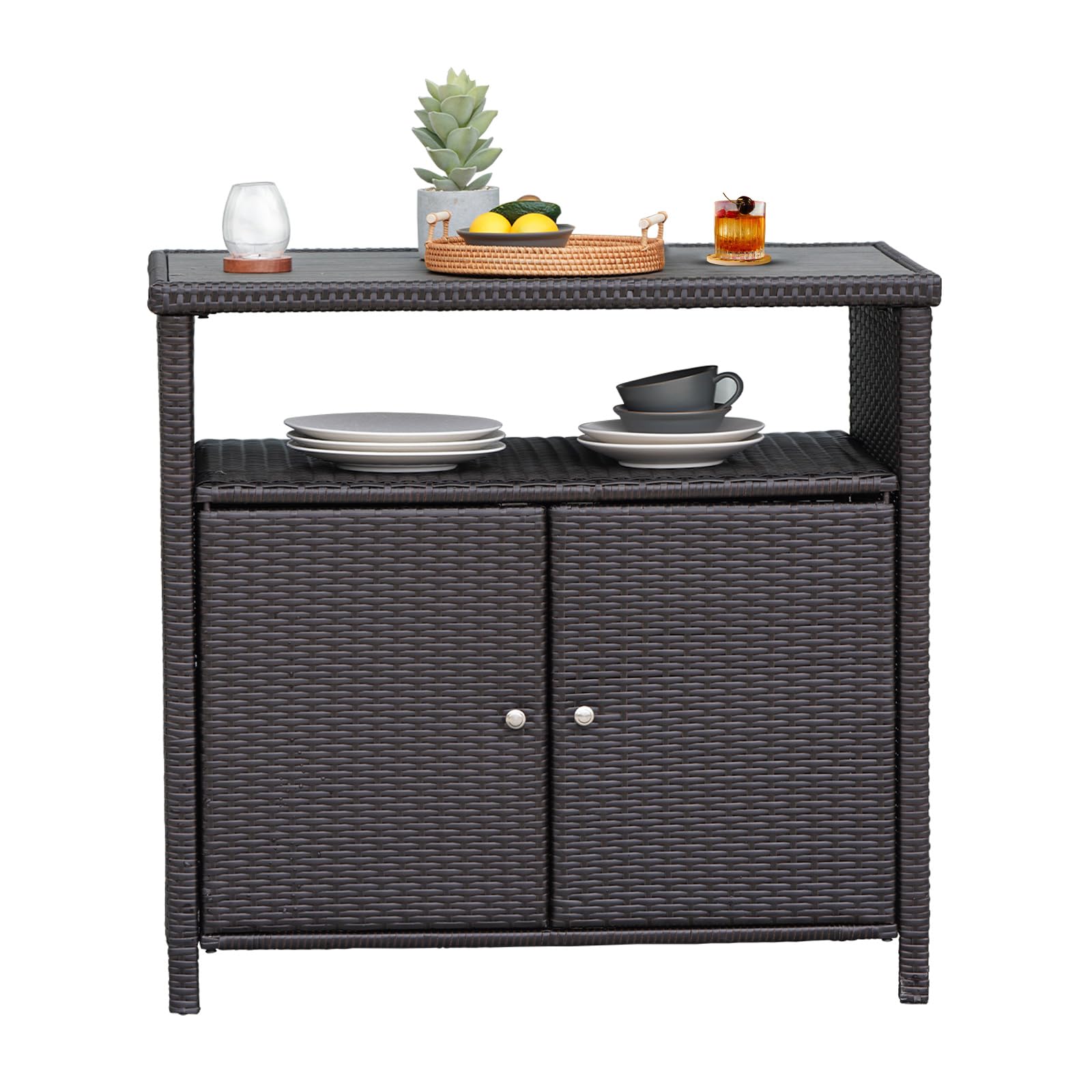 Waterproof Wicker Storage Cabinet with Two Doors and Shelves - Outdoor Patio Buffet Sideboard for Garden, Kitchen, Pool - Dark Brown - Perfect for Storing Cushions, Pool Toys, and Outdoor Dining Essentials