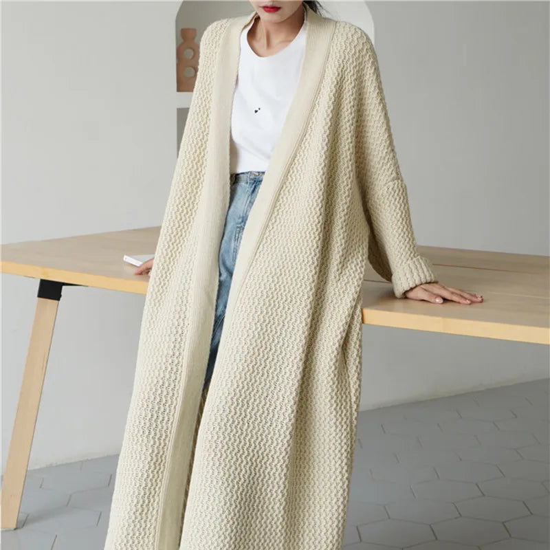 FIGOHR Women's Plus Size Long Knitted Cardigan - Thick Loose Plain Sweater for Autumn Winter | Cozy Streetwear Coat for Casual Outings & Office Wear