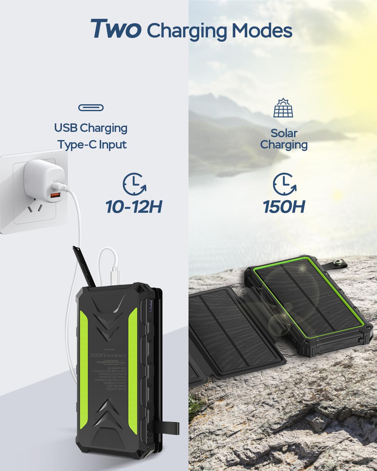 20000mAh Solar Power Bank with 4 Solar Panels - Fast Charging Portable Charger with Dual 3A Outputs, Waterproof External Battery Pack & Flashlight for iPhone, Android Phones, Tablets - Perfect for Camping, Hiking, Outdoor Adventures (Green)