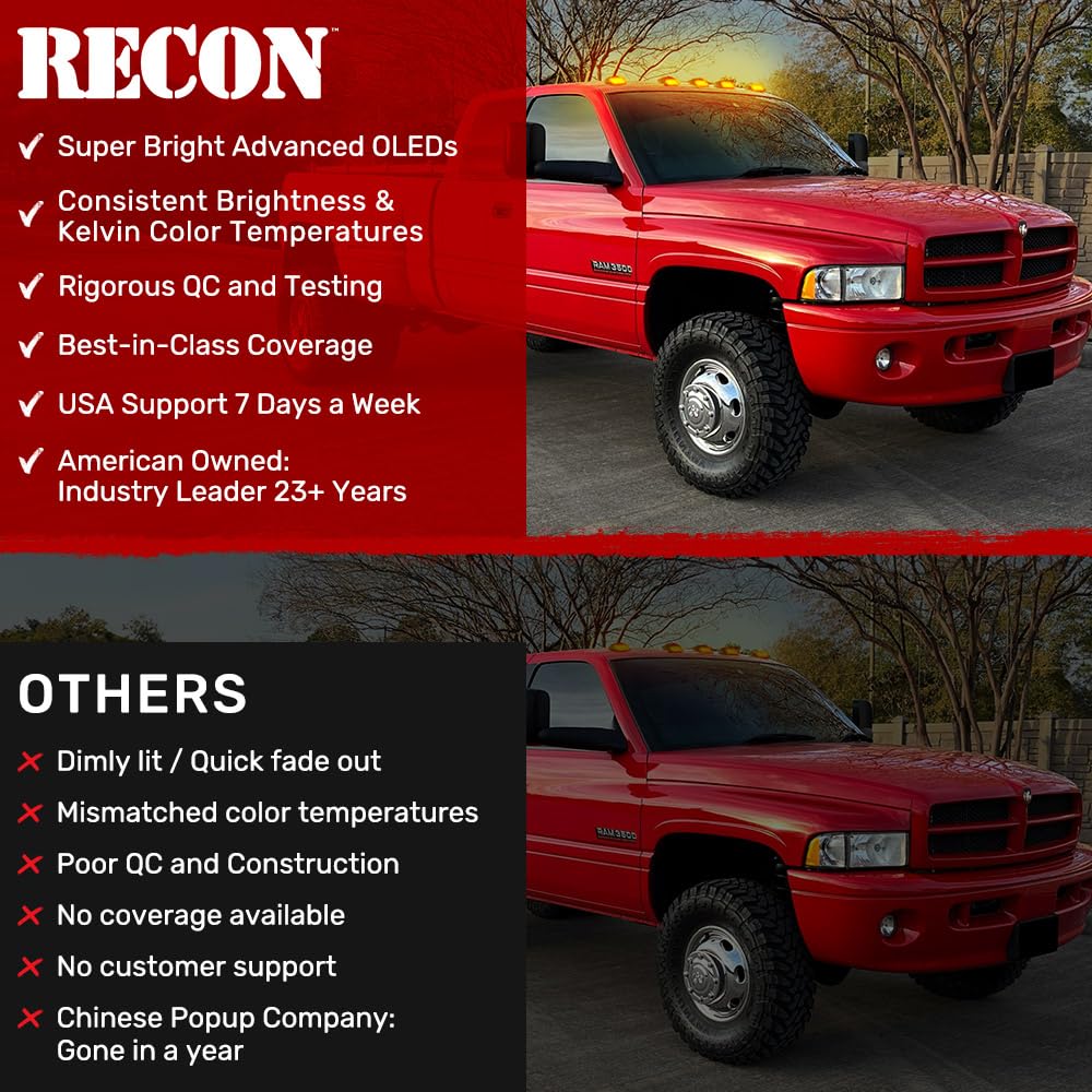 RECON 1999-2002 Dodge RAM HD 2500/3500 LED Cab Roof Lights - Ultra Bright Amber with Clear Lens for Enhanced Visibility & Safety in Off-Road, Construction, and Emergency Vehicle Use