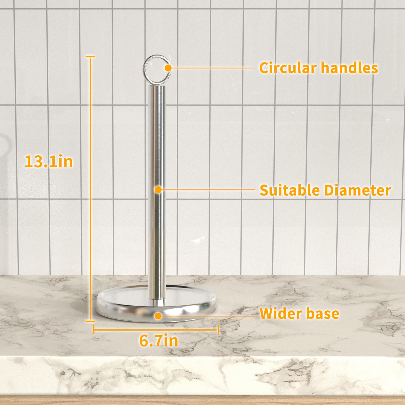 Stainless Steel Paper Towel Holder with Weighted Base - Countertop Towel Stand for Kitchen, Bathroom & Farmhouse Decor - Silver (Perfect for Home, Office & RV Use)