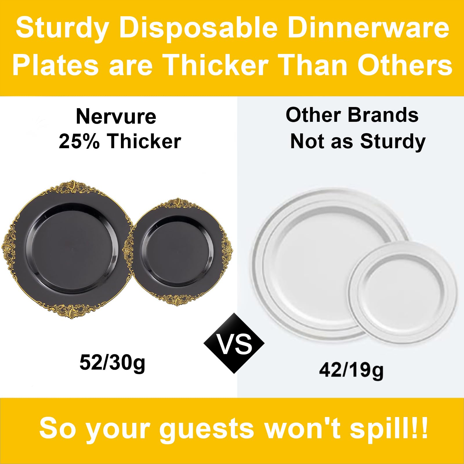 Nervure 175-Piece Black & Gold Plastic Dinnerware Set for 25 Guests - Disposable Plates, Cups, Forks, Knives, Spoons & Napkins - Elegant Party Supplies for Weddings, Birthdays & Events