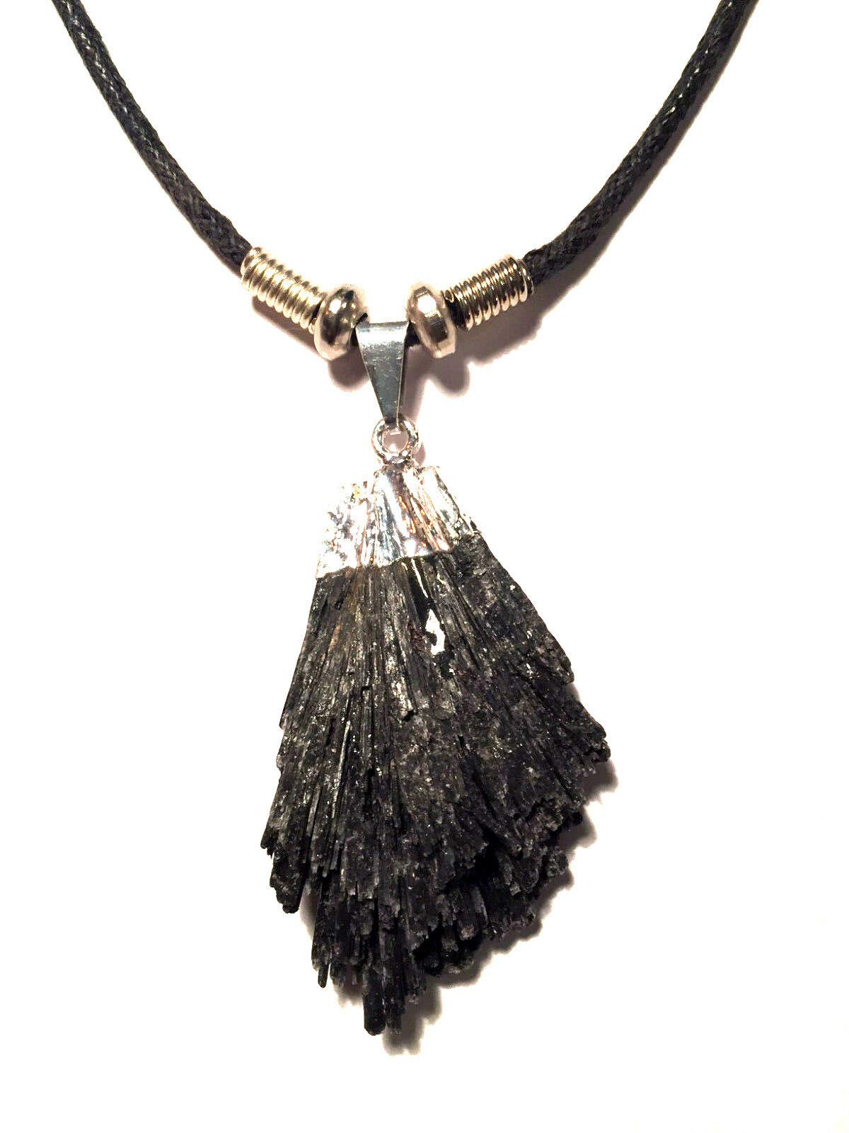 Genuine Black Kyanite Fan Pendant Necklace with Silver Dipped Top - Elegant Crystal Jewelry for Women, Perfect for Meditation, Energy Healing & Spiritual Gifts