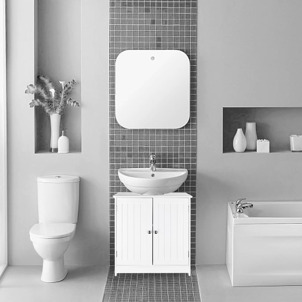 Vasitelan White Pedestal Under Sink Storage Cabinet with 2 Doors - Traditional Bathroom Vanity Organizer, Space Saving Bathroom Sink Cabinet for Small Bathrooms & Powder Rooms - Perfect for Storing Toiletries, Cleaning Supplies & Bathroom Essentials