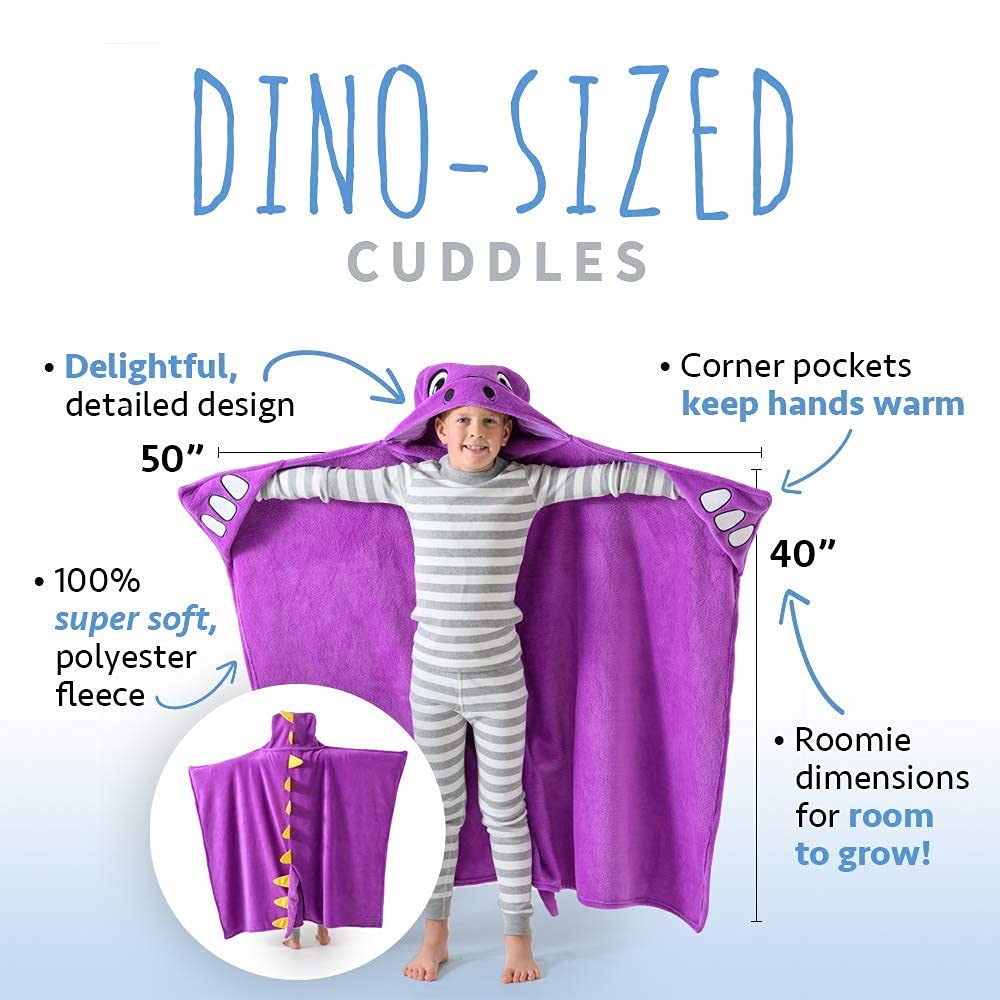 **Purple Dinosaur Hooded Blanket for Kids - Soft & Cozy Fleece Wearable Blanket Hoodie - Machine Washable, 40