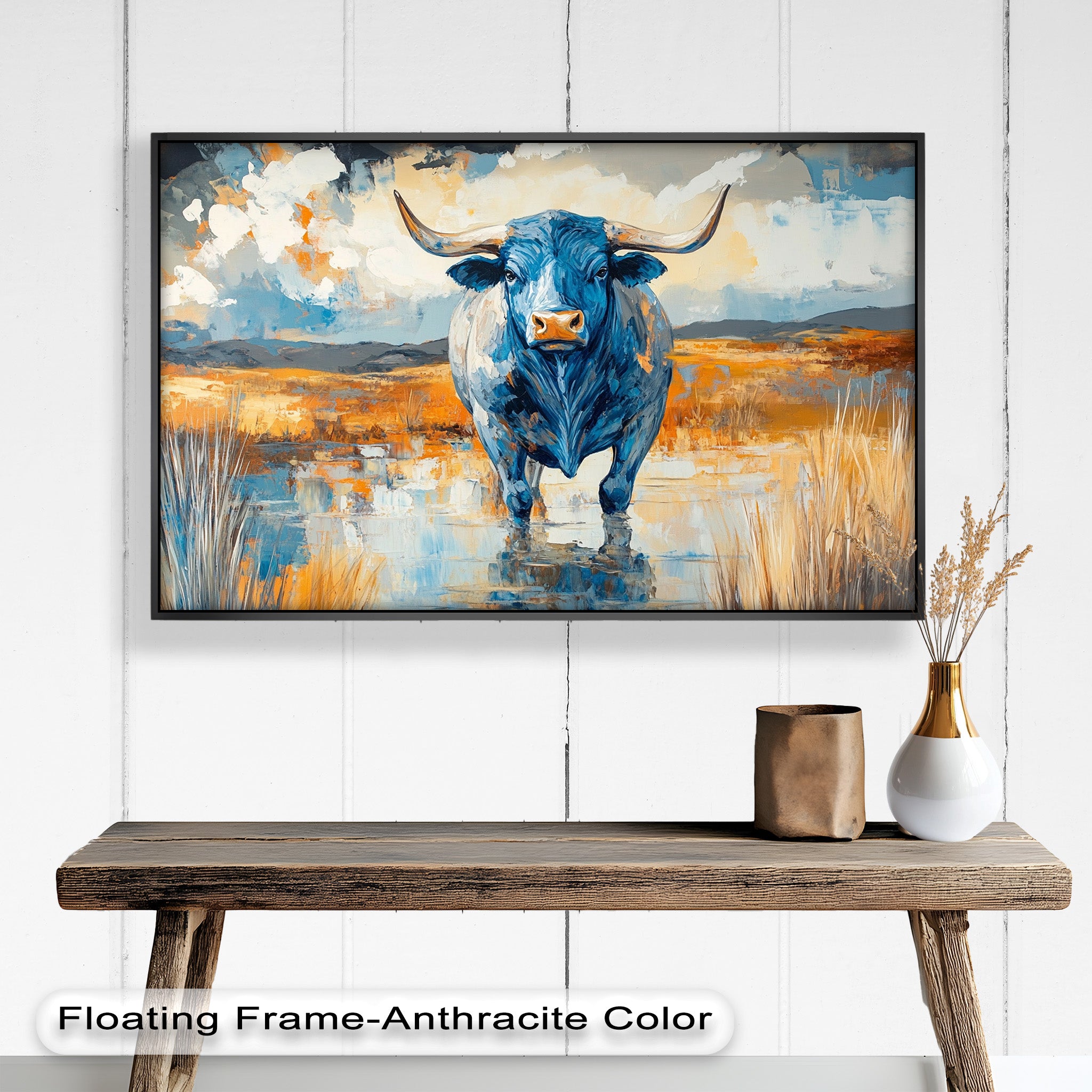Blue Desert Bull - Hand Painted Animal Oil Canvas Artwork | Western Wildlife Decor for Living Room, Bedroom & Office