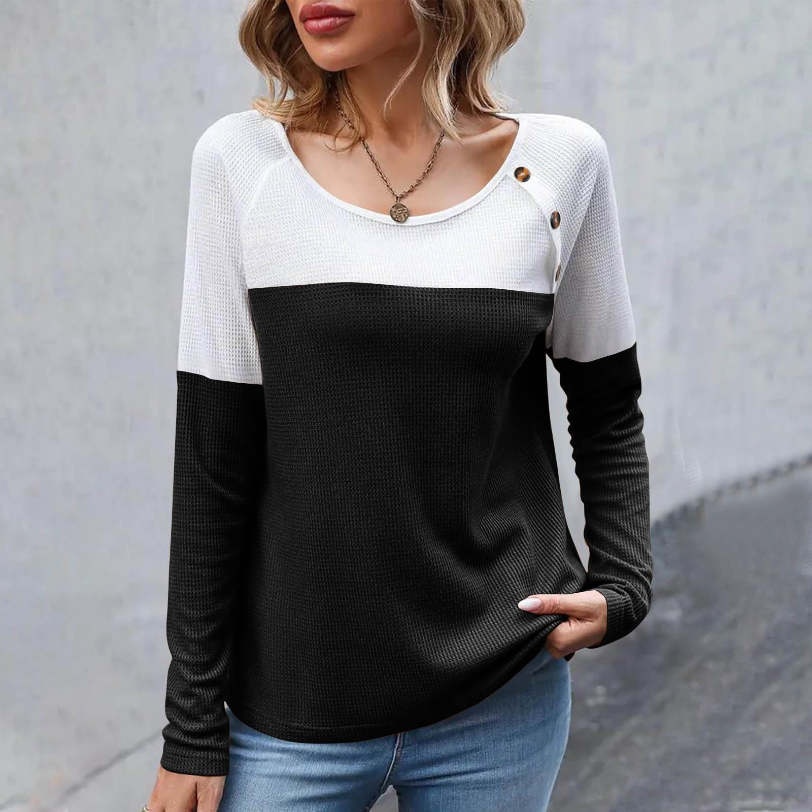 Women's Color Block Waffle Knit Button-Up Long Sleeve Blouse - Fall Fashion Crewneck Loose Pullover Top for Casual Wear & Autumn Outfits