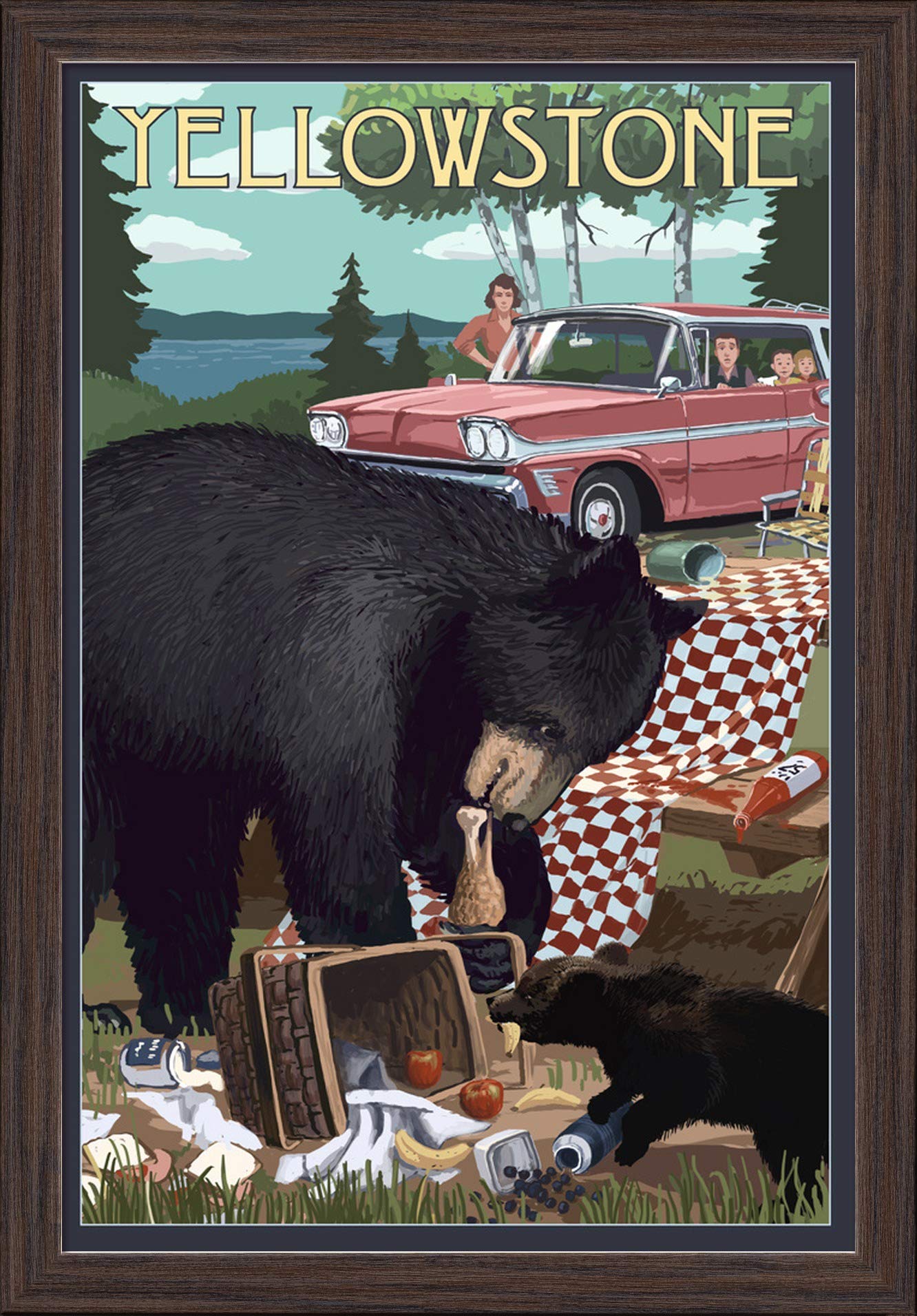 Yellowstone Montana Bear and Picnic Scene - 16x24 Inch Giclee Fine Art Print with Recycled Wood Frame in Espresso Brown - Perfect for Home Decor, Office Wall Art & Cabin Rustic Interior Design