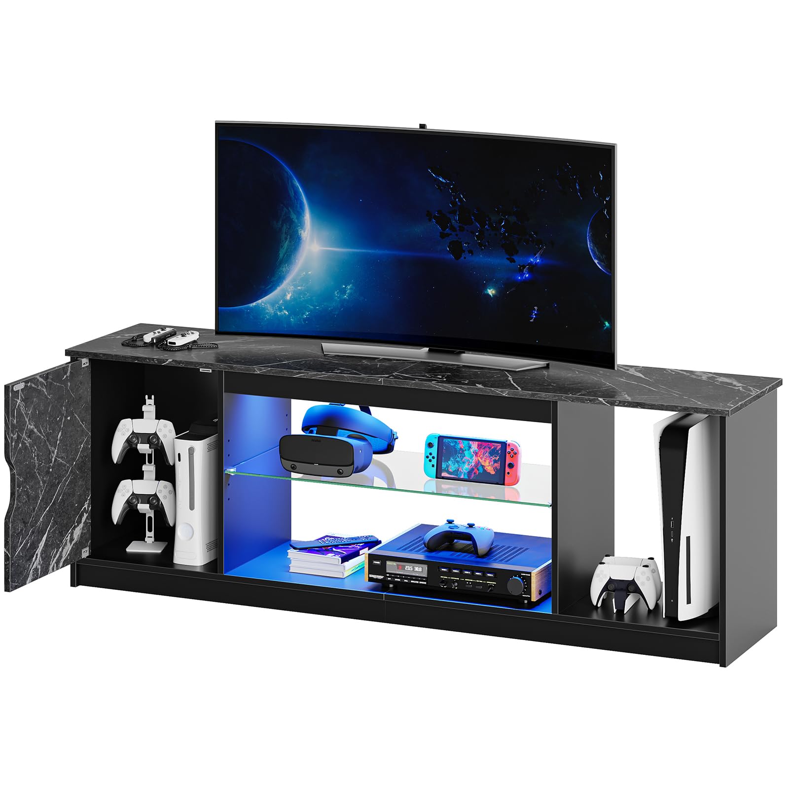 Bestier 57 Inch Gaming TV Stand with RGB LED Lights for 55-65 Inch TVs - Modern Black Marble Entertainment Center with Adjustable Glass Shelves & PS5/Xbox Storage | Perfect for Living Room Gaming Setup & Media Organization