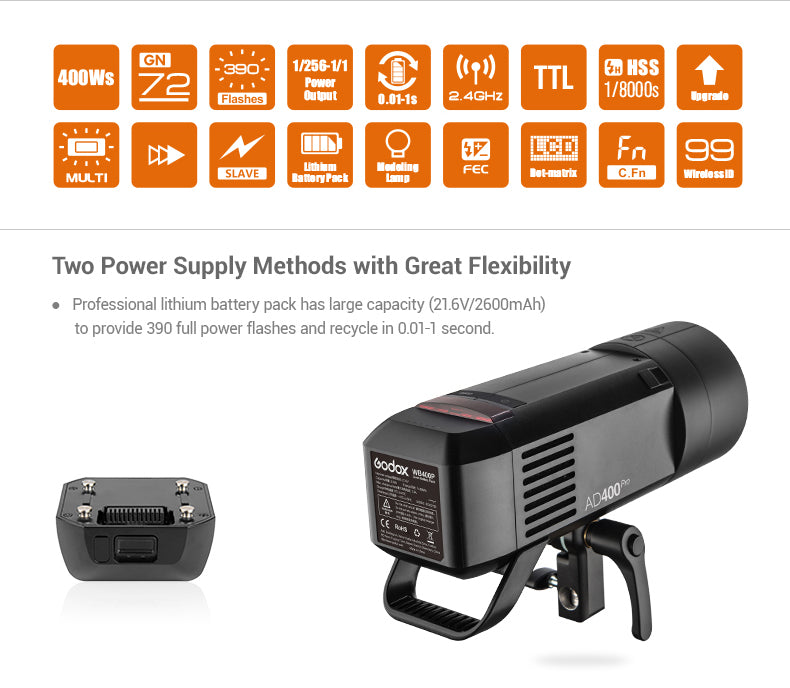 Godox AD400 Pro Witstro All-in-One Outdoor Flash | 400Ws Monolight Strobe with LED Modeling Light | Perfect for Portrait, Wedding, and Studio Photography | Durable & Portable for Outdoor Shoots