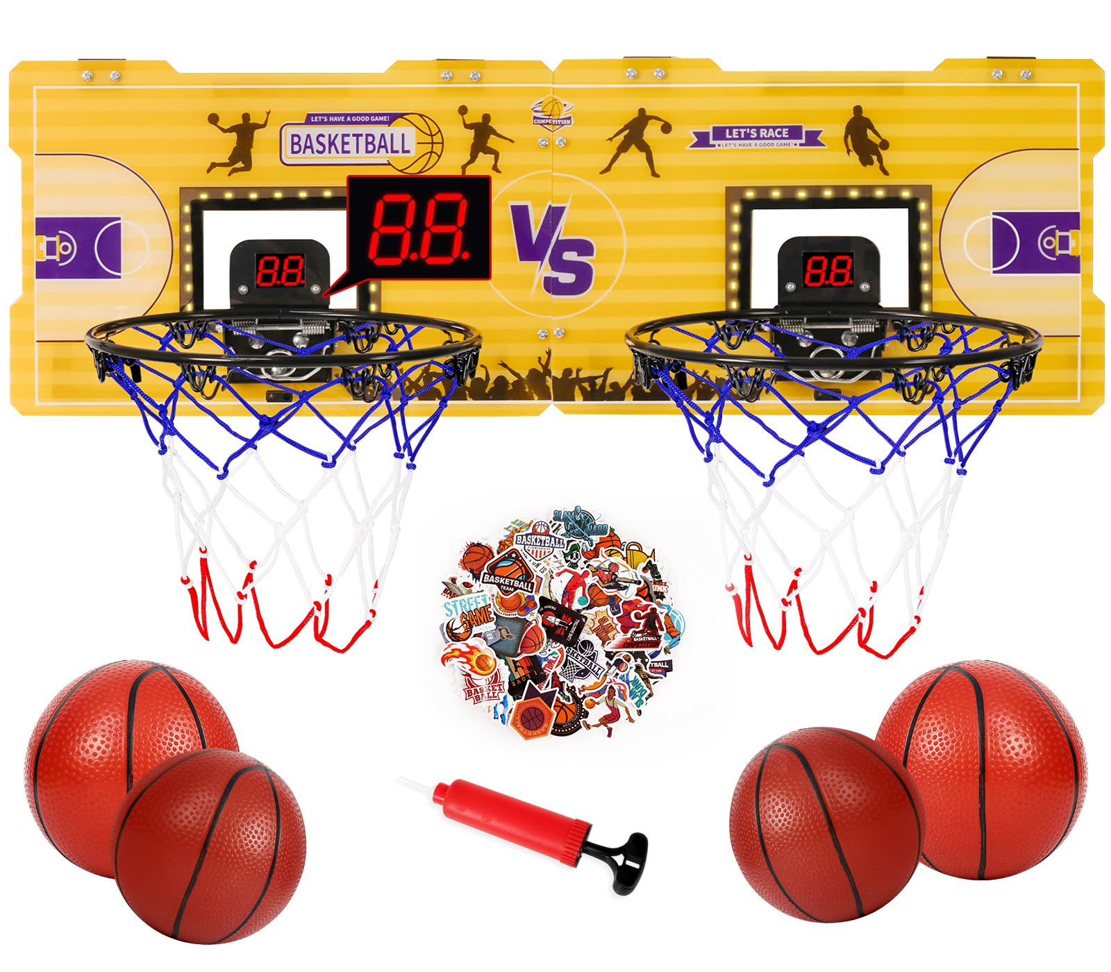 FBSPORT Indoor Basketball Hoop - 2 Player Over The Door Mini Hoop with 4 Balls & LED Light - Perfect for Bedroom, Office, Kids Playroom - Great Basketball Gift for Boys & Girls (Fun for Indoor Games, Birthday Presents, Sports Training)