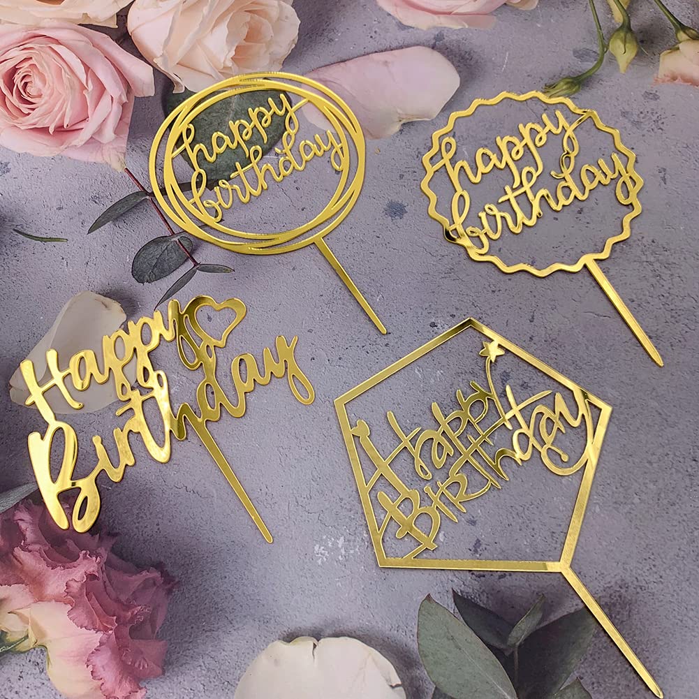 Gold Happy Birthday Cake Topper Set - 7 Piece Acrylic Cake Decorations for Cupcakes & Wedding Cakes - Elegant Party Dessert Toppers for Birthdays, Anniversaries & Special Celebrations
