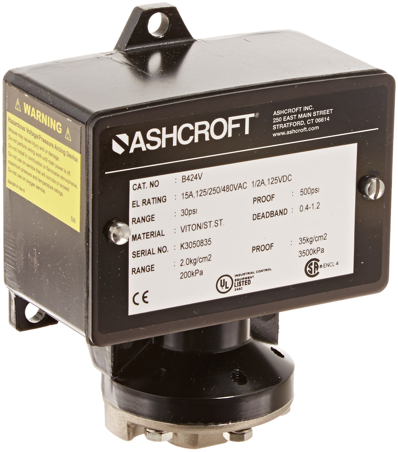 Ashcroft B Series Type 400 Pressure and Differential Pressure Switch - General Purpose with Viton Actuator Seal, SPDT, Fixed 3/30 psi Range - Ideal for HVAC, Industrial Automation, and Hydraulic Systems