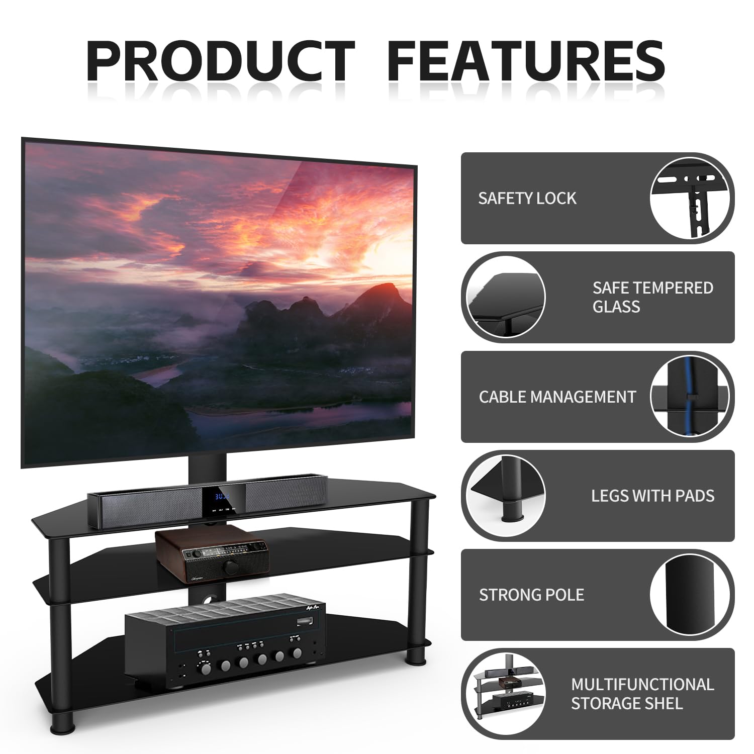 Swivel Floor TV Stand Mount with 3 Tier Tempered Glass Shelves - Height Adjustable Entertainment Center for 32-70 Inch TVs (Max VESA 600x400mm) - Perfect for Living Room, Bedroom, or Home Theater Setup