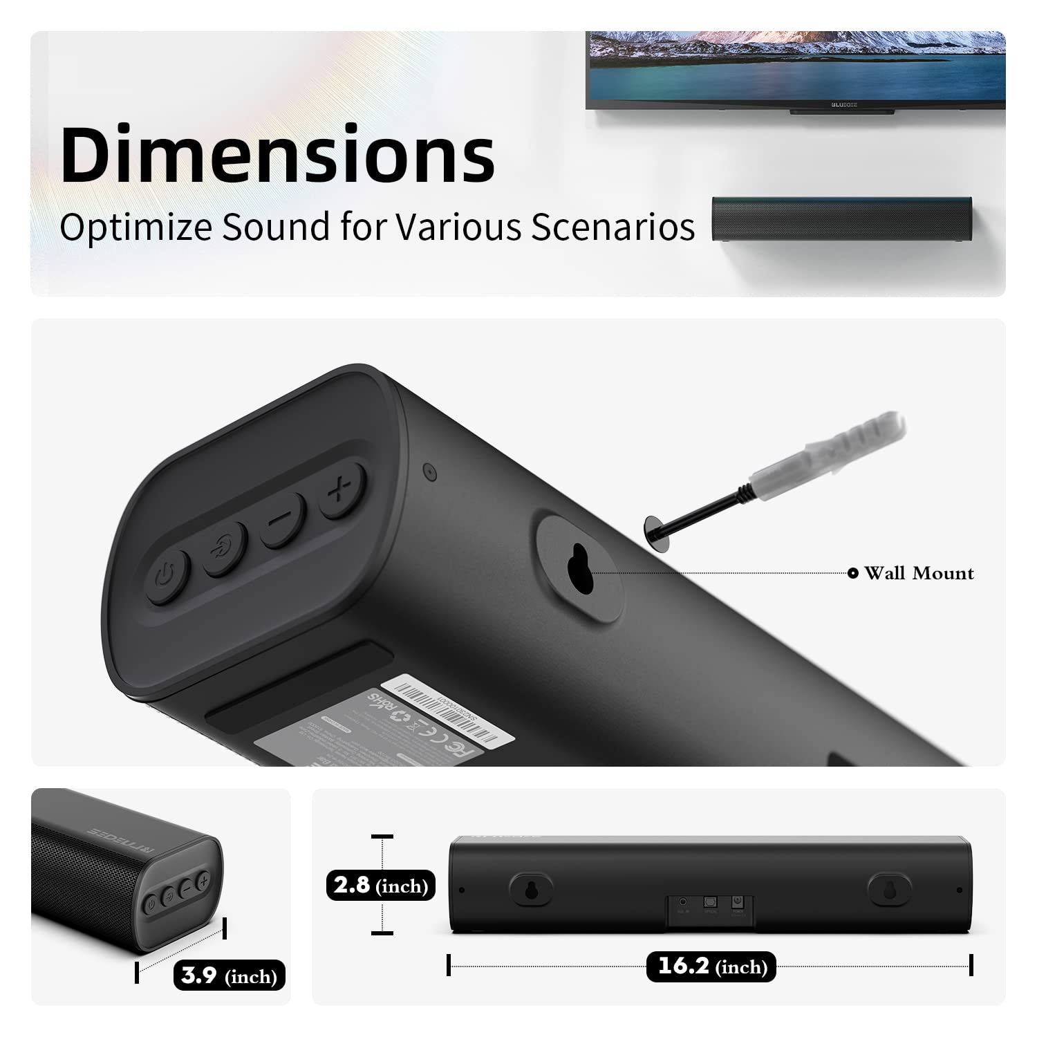 16-inch TV Sound Bar with Bluetooth, Powerful Bass & Remote Control - Wall Mountable Home Theater Speaker for Smart TVs, Computers & Gaming - Perfect for Movies, Music & Entertainment