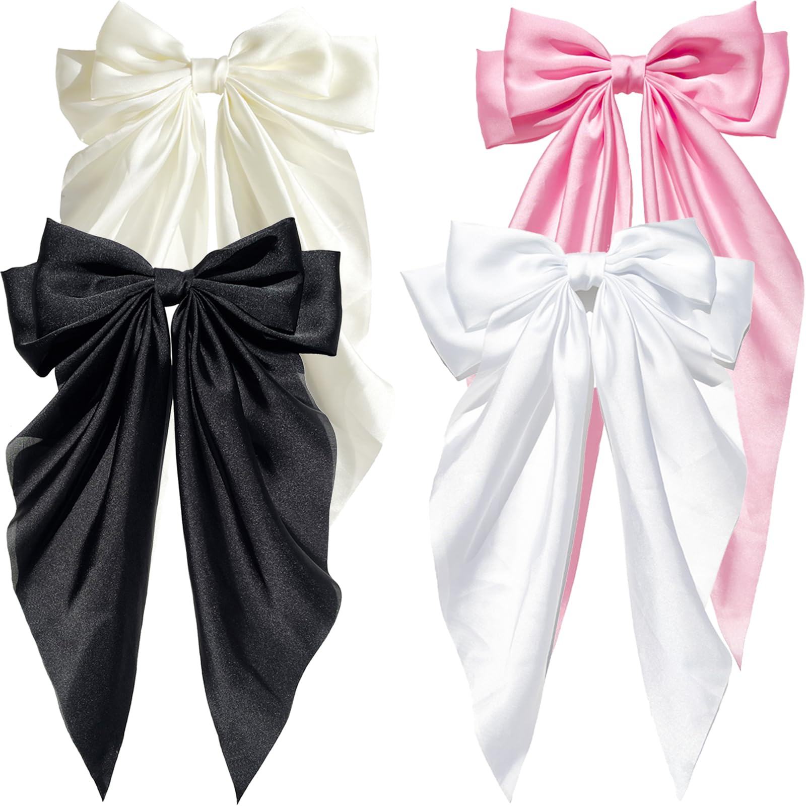 4PCS Silky Satin Hair Bows - Oversized Ponytail Ribbon Clips with Long Tail & Metal Slides - Hair Accessories Gift Set for Women, Girls & Kids (Black, White, Pink, Beige) - Perfect for Parties, Weddings, School & Daily Fashion