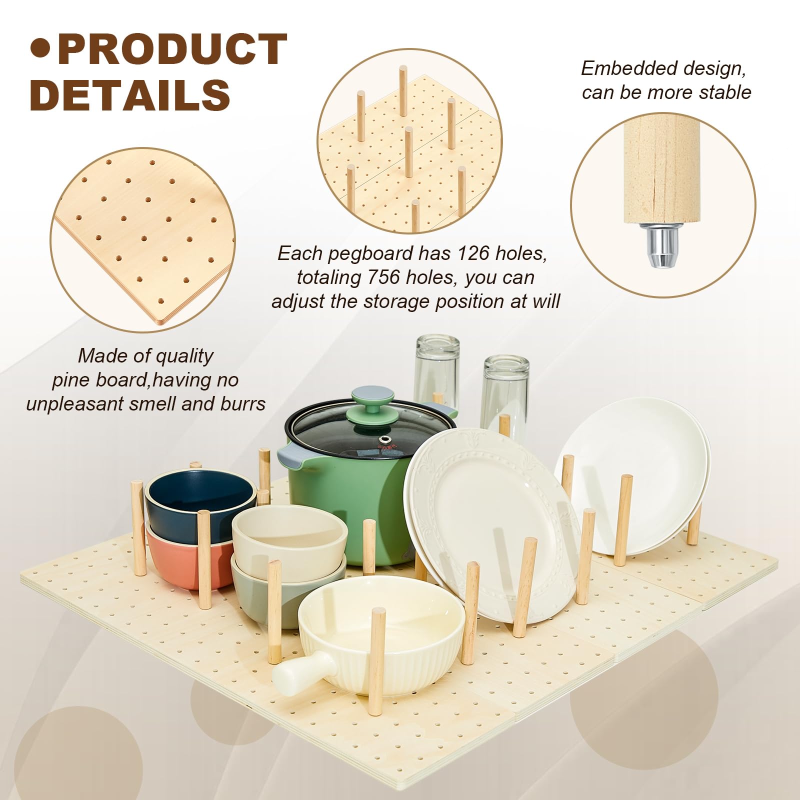 Kigley 6-Piece Wooden Pegboard Drawer Organizer Set with 48 Pegs - Kitchen Drawer Organizer for Dishes, Food Containers & Utensils (20.98