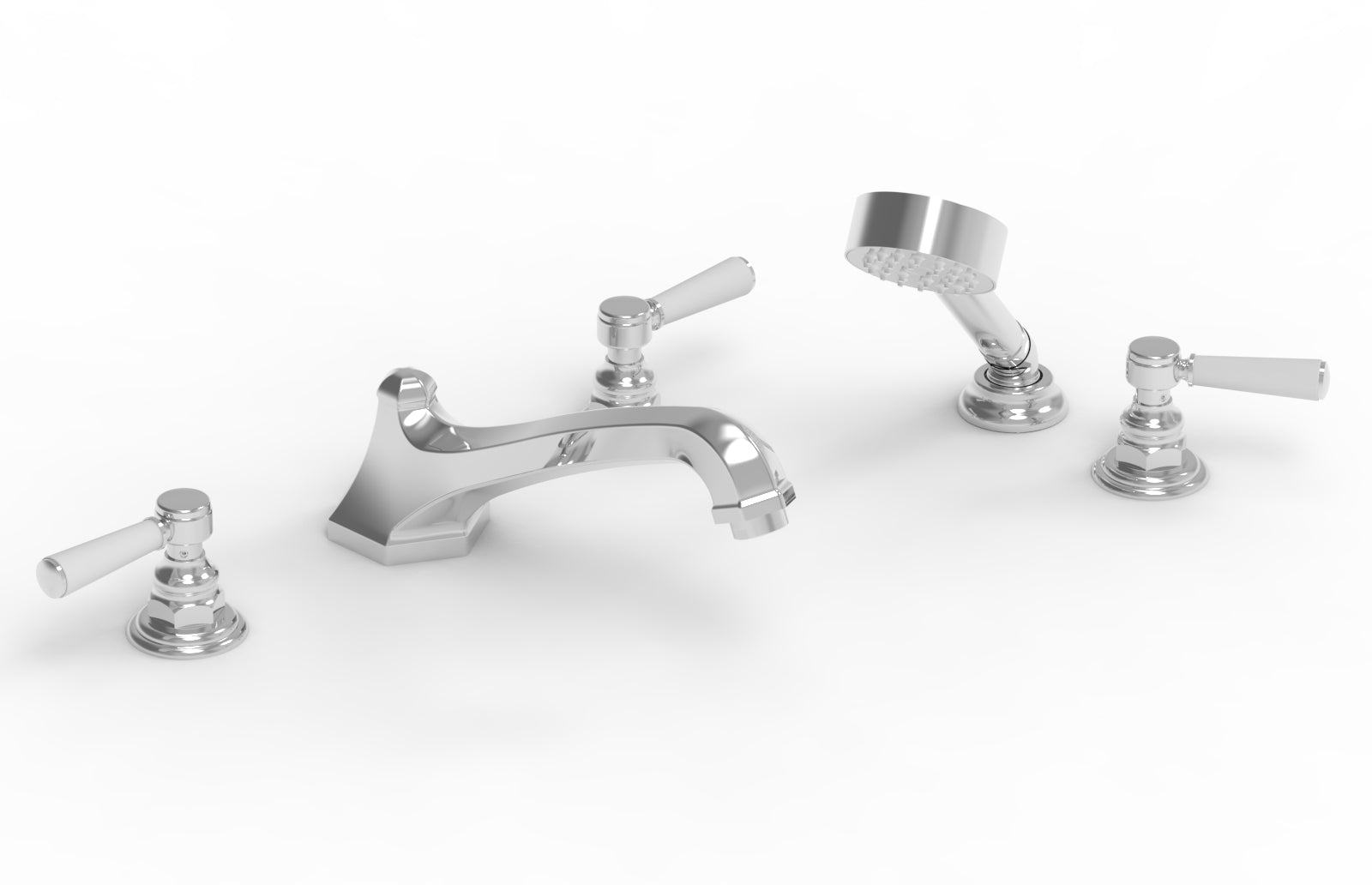 HEX TRADITIONAL Deck Mount Bathtub Faucet Set with Hand Shower - Satin White Finish & Lever Handles (Model 500-49) - Perfect for Modern Bathroom Renovations & Spa-Like Shower Experience