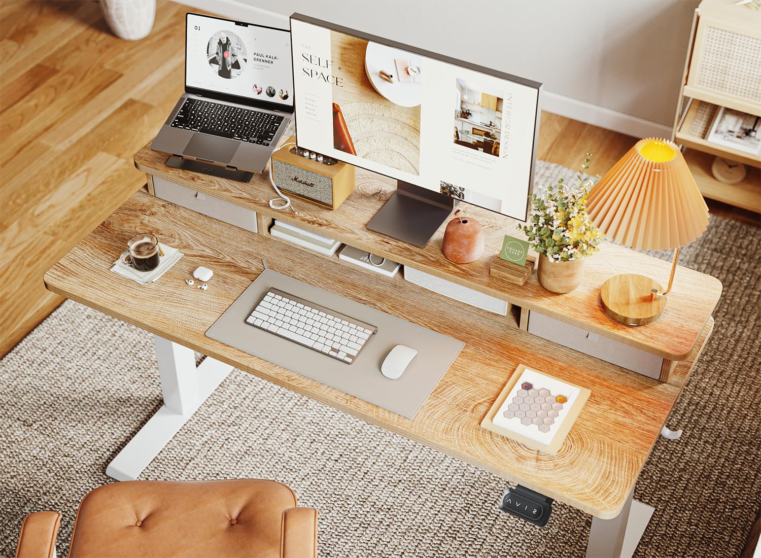 BANTI 40x24 Inches Adjustable Height Standing Desk with Drawers & Storage Shelf - Ergonomic Sit Stand Home Office Desk (White Frame/Maple Top) for Small Spaces & Remote Work