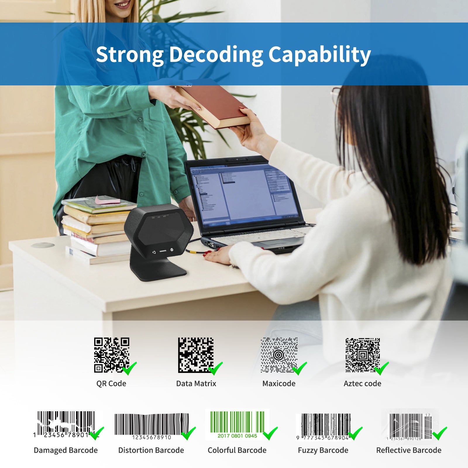 Wireless Barcode Scanner D8600 - Hands Free Bluetooth 1D/2D QR Code Reader for Retail, Warehouse & Inventory Management - Compatible with PC, Mac, Android & iOS Devices