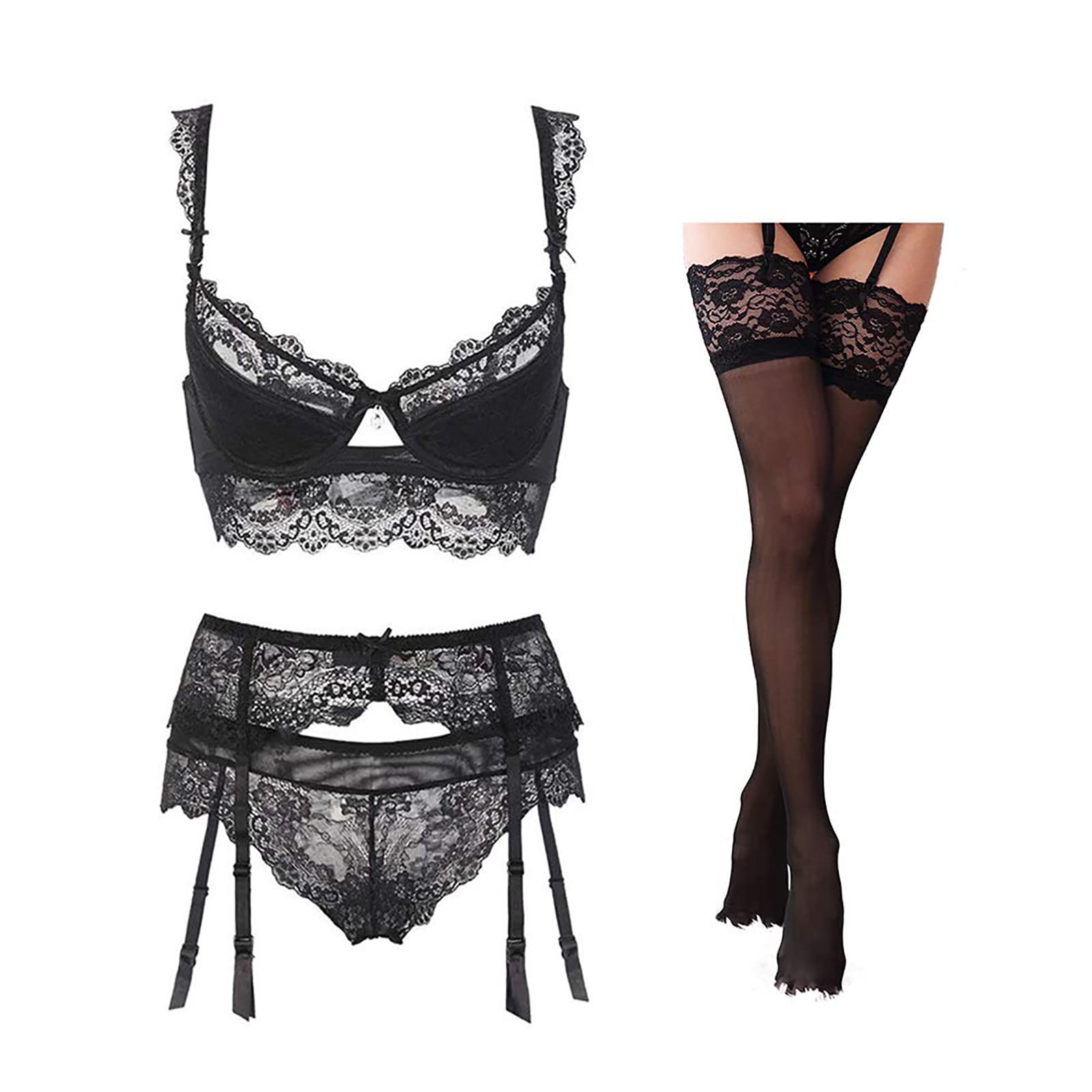 Women's Comfort Lace Bra Set - 4-Piece Lingerie with Underpants, Garter & Stockings in Solid Colors | Perfect for Valentine's Day, Date Night & Bridal Lingerie