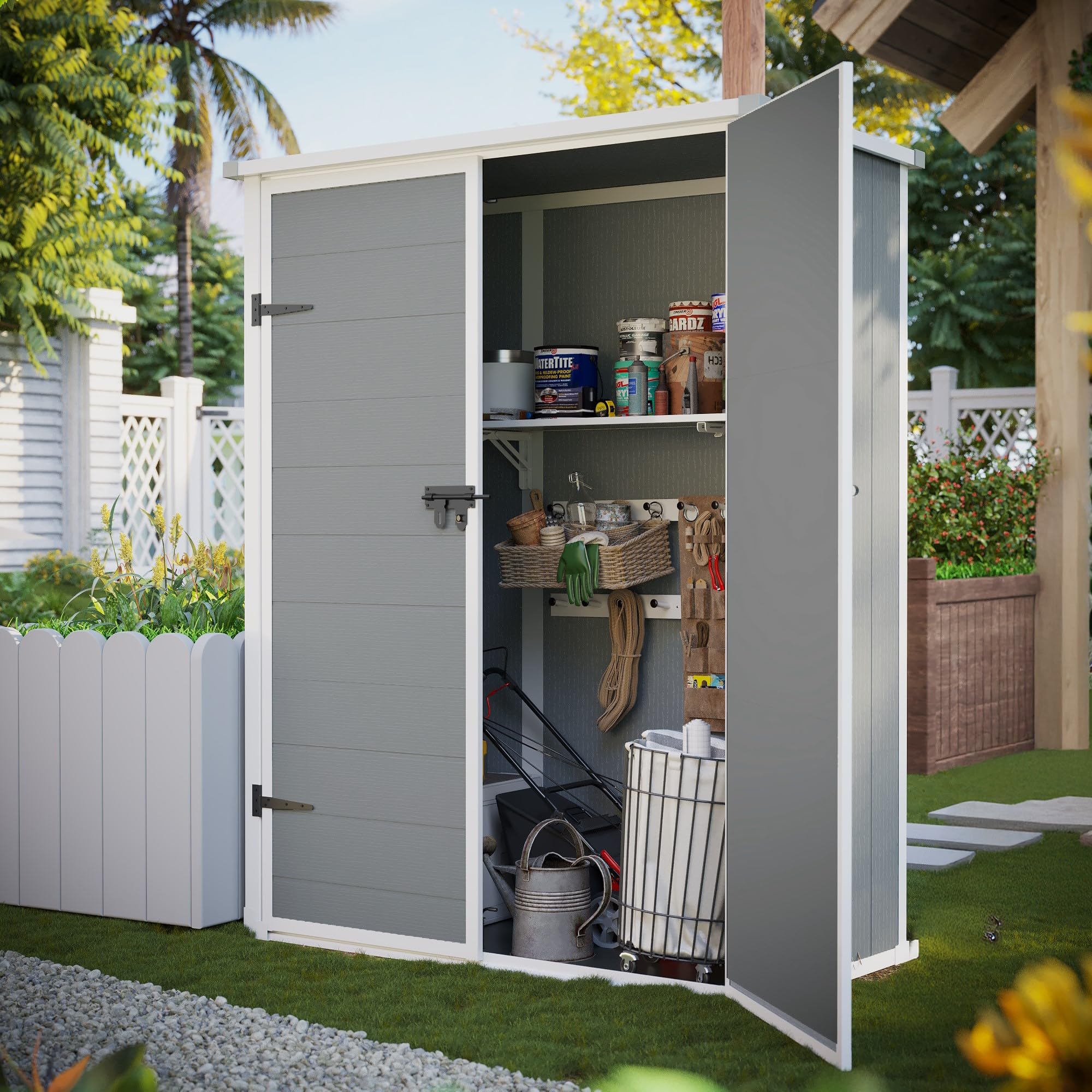 UDPATIO Premier Tall 4.3 x 5.6 ft Resin Outdoor Storage Shed with Shelving Brackets - Vertical Tool Organizer for Patio, Pool, Lawn & Garden - Grey & White - Perfect for Storing Gardening Tools, Pool Accessories & Outdoor Equipment