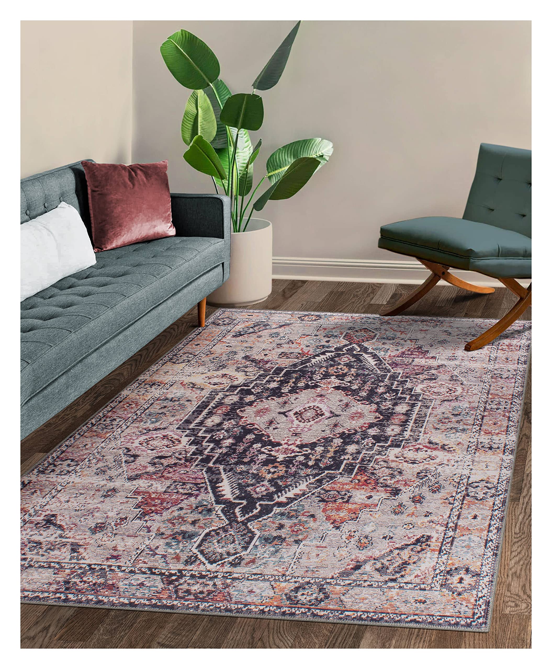 GLN Machine Washable Area Rug - Vintage Persian Print Traditional Carpet for Living Room, Bedroom, Bathroom & Kitchen - Home Decor in Black/Cream/Multicolor (6'6