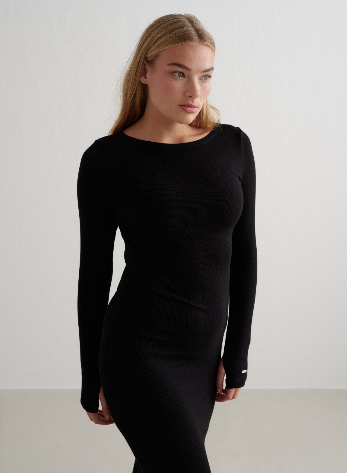 Black Ease Ribbed Long Sleeve Dress for Women - Comfortable Stretchy Bodycon Midi Dress - Perfect for Work, Date Night & Casual Outfits